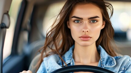 A closeup of a young woman driving, her sad and frustrated expression reflecting deep thoughts and solitude.