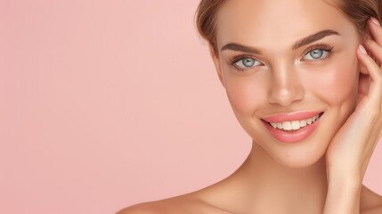 Fototapeta premium A vibrant closeup of a joyful young woman, radiating charm and freshness against a playful pink backdrop.