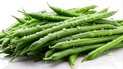 Obraz premium A Fresh Harvest of Vibrant Green String Beans Glistens with Dewy Drops on a Pristine Surface