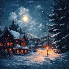 A cozy winter scene snowy night over a charming cottage with warm lights under a full moon