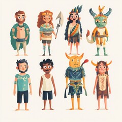 Diverse Tribal Characters: Eight unique and expressive characters, each adorned in vibrant tribal attire, showcasing their distinct personalities and cultural heritage.