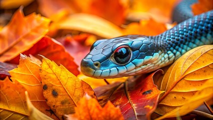 Fototapeta premium A vibrant blue snake with red eyes rests amidst a bed of golden and crimson autumn leaves.
