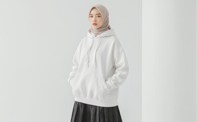 Fototapeta premium A woman wearing a light beige hijab and an oversized white hoodie with her hands in the front pockets. The outfit is paired with a black skirt, and the background is minimalistic and bright