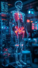 High-tech visualization of a skeleton's knee joint, surrounded by holographic diagnostic tools, glowing neon braces, in an advanced medical facility