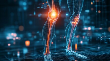 High-tech X-ray scan of a skeleton, with a glowing neon knee injury highlighted by holographic joint stabilization tech, pulsing in a futuristic medical landscape