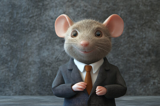 A cartoonish mouse in a suit with a tie, smiling and posing confidently. - Powered by Adobe