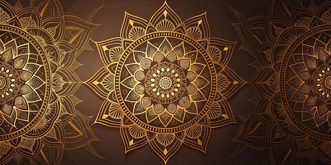 A symphony of intricate golden mandalas on a rich brown background, each radiating a sense of spiritual elegance and symmetrical beauty.