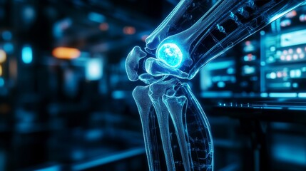Holographic skeleton knee with injury highlighted, glowing blue healing technology swirling around, set in a high-tech sci-fi lab, Cyberpunk, Illustration