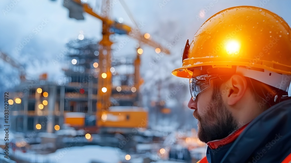 Poster engineer overseeing the construction site with cranes and scaffolding in the background industrial d