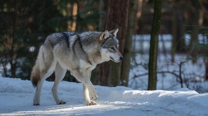 Fototapeta premium Grey wolf walking through the snow
