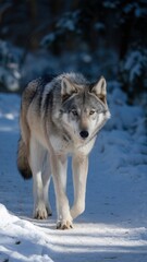 Fototapeta premium Wolf is walking through the snow