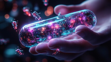 Human hand holding a transparent medical capsule, releasing tiny holographic robots into the air, cyberpunk, purple and teal, digital, symbolizing futuristic nanotechnology