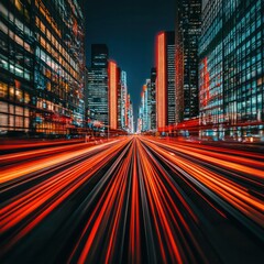 Obraz premium Vibrant cityscape at night dynamic light trails and urban architecture capturing the essence of modern transport