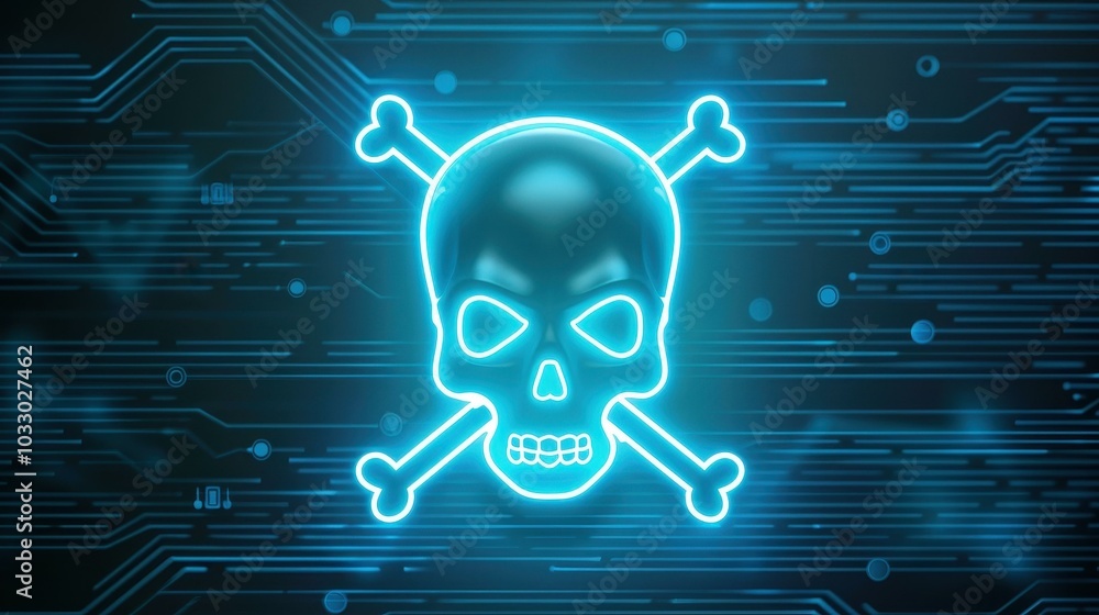 Poster a striking digital illustration of a glowing blue skull and crossbones, enhanced with futuristic ele