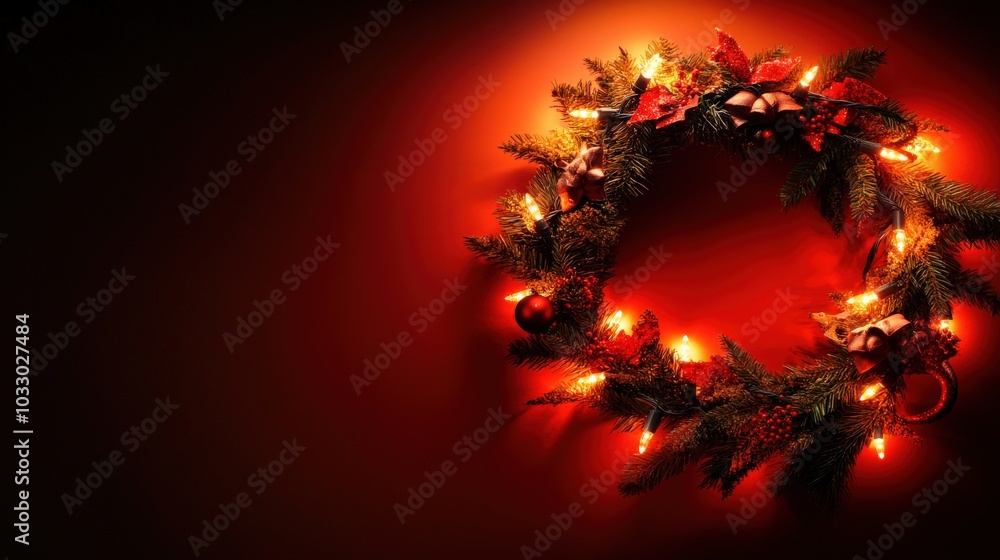 Sticker Christmas wreath with lights on a red background.