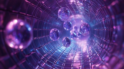 Obraz premium Iridescent capsules floating above a futuristic grid, casting reflections of shifting blue and purple hues, encased in a dynamic swirl of digital projections