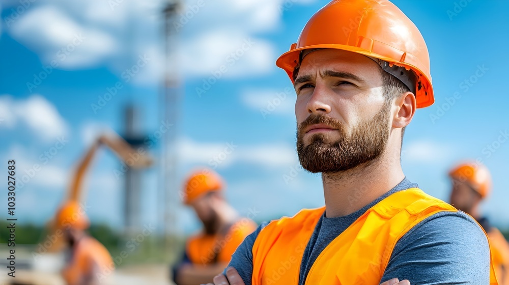 Poster experienced civil engineer overseeing construction site workers and heavy equipment to ensure effici