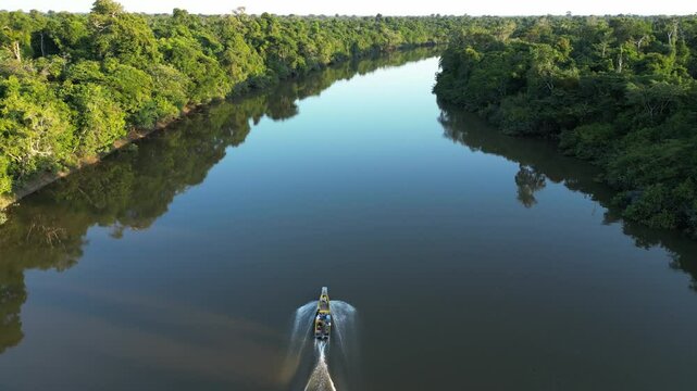Aerial view of the Amazon rivers of the Peruvian jungle, a drone view of the Amazon rainforest surrounded by water