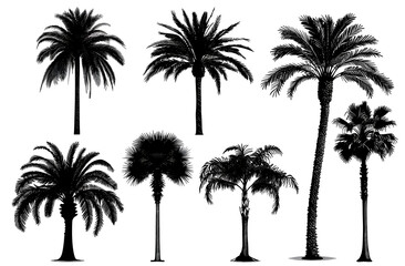 Palm tree set silhouettes in black color isolated on a white background