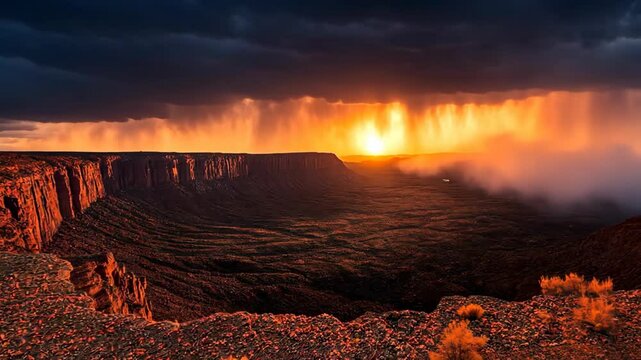 aerial view black cloud rain storm pour over canyon wasteland