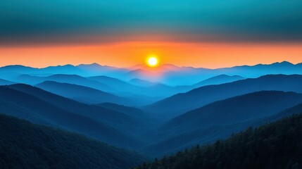 Fototapeta premium Experience the beauty of a serene sunrise over majestic mountains, perfect for a refreshing start to your day.