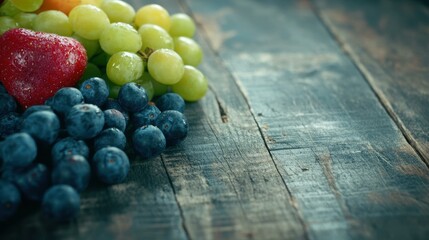 A vibrant mix of fresh fruits displayed on a dark wooden table, creating a striking contrast and visual delight.