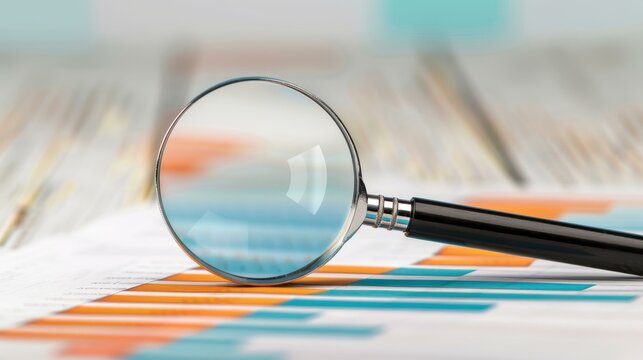 Conduct indepth business analysis and economic review with precision using a magnifying glass for market insights.
