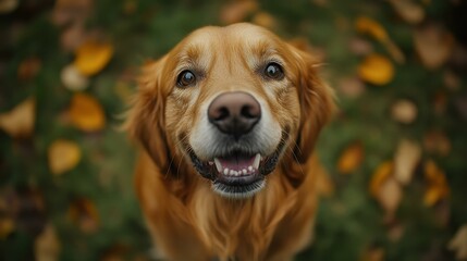 Obraz premium A closeup of a joyful golden retriever basking in lush green grass, capturing pure happiness and playful energy.
