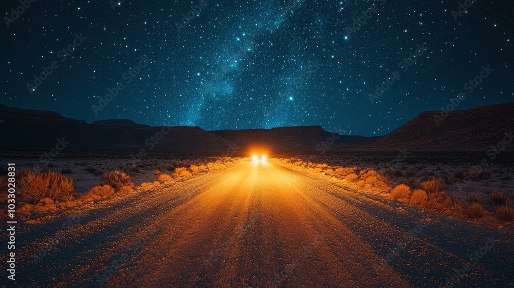 Poster A long exposure shot of a desert road at night, with bright car headlights illuminating the path beneath a starry sky.