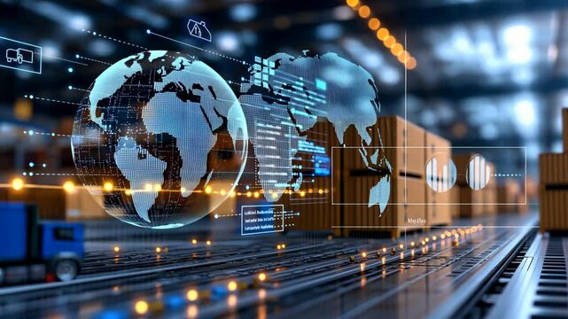digital financial graph hologram on screen with world map, cargos containers stack up , business and financial abstract background