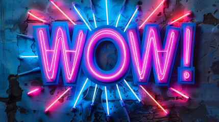 Neon "WOW!" sign with glowing rays in pink and blue on a rustic wall