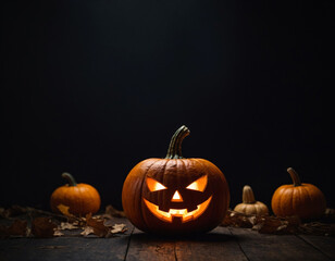Ominous glowing pumpkins lie against a dark background