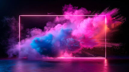 Fototapeta premium Abstract pink and blue smoke cloud inside neon frame with glowing particles