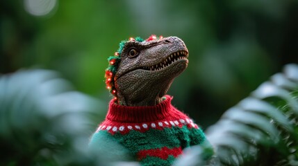 Dinosaur in a festive sweater decorated with holiday lights.