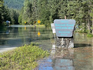 Obraz premium Tongass National Forest Recreation Area Sign in Flooded Street | Nature and Flooding Scene