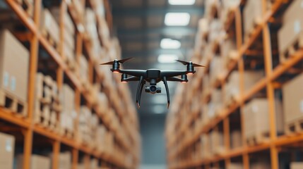 Innovative drone navigating through a modern warehouse for efficient inventory management and logistics solutions
