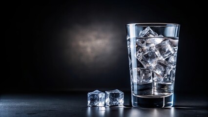 A tall glass filled with clear liquid and ice cubes, with two additional ice cubes resting on a dark surface, reflecting light.