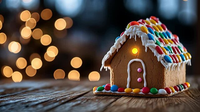 cute small Christmas bread house on rustic table with festive light background, 