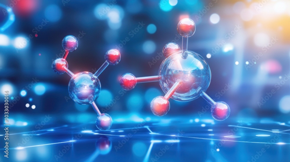 Poster molecular structure with red and blue hues on a glowing surface
