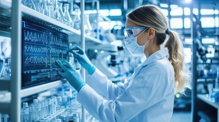 Exploring innovations in laboratory science a woman in white coat analyzing data on a digital screen in a modern research facility