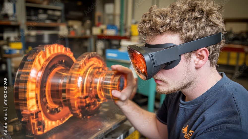 Poster Man in VR Headset Examining a Mechanical Part