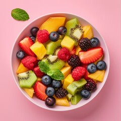 Obraz premium Fresh fruit salad on pink background