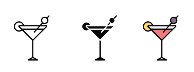 Cocktail icon in outline, silhouette and editable colors in unexpandable vector form., cocktail glass icon