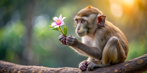 Obraz premium A Curious Primate Pondering the Beauty of a Delicate Pink Flower in the Sunlit Forest
