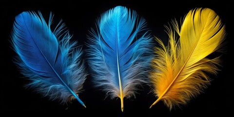 Obraz premium A Symphony of Hues Three Feathers in a Dramatic Display of Blue, Yellow, and White Against a Dark Background