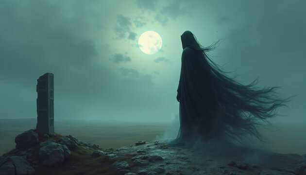 Figure standing on a cliff under a full moon in a mysterious setting
