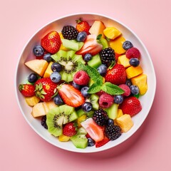 Fresh fruit salad on pink background