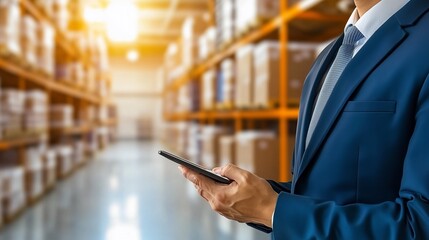 A professional in a suit checks a device in a warehouse filled with boxes, illuminated by warm light.