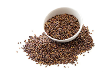a bowl of rye kernels on white background.
