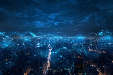 A nighttime cityscape with glowing lines connecting buildings, representing digital connections.